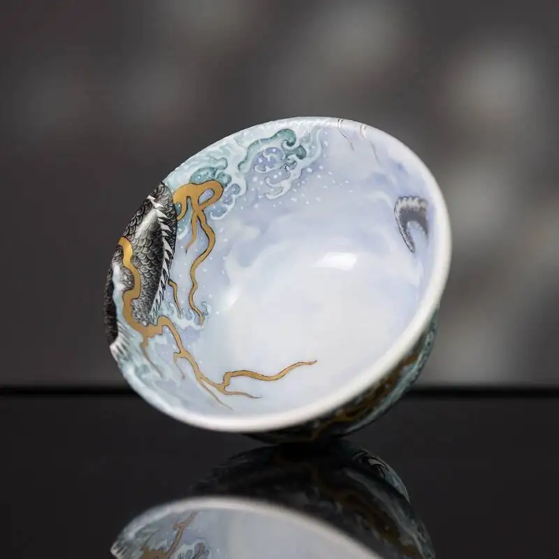 Holy Mountain High-End Pattern Antique-Style Pastel Dragon Cover Bowl Tea Cup Set