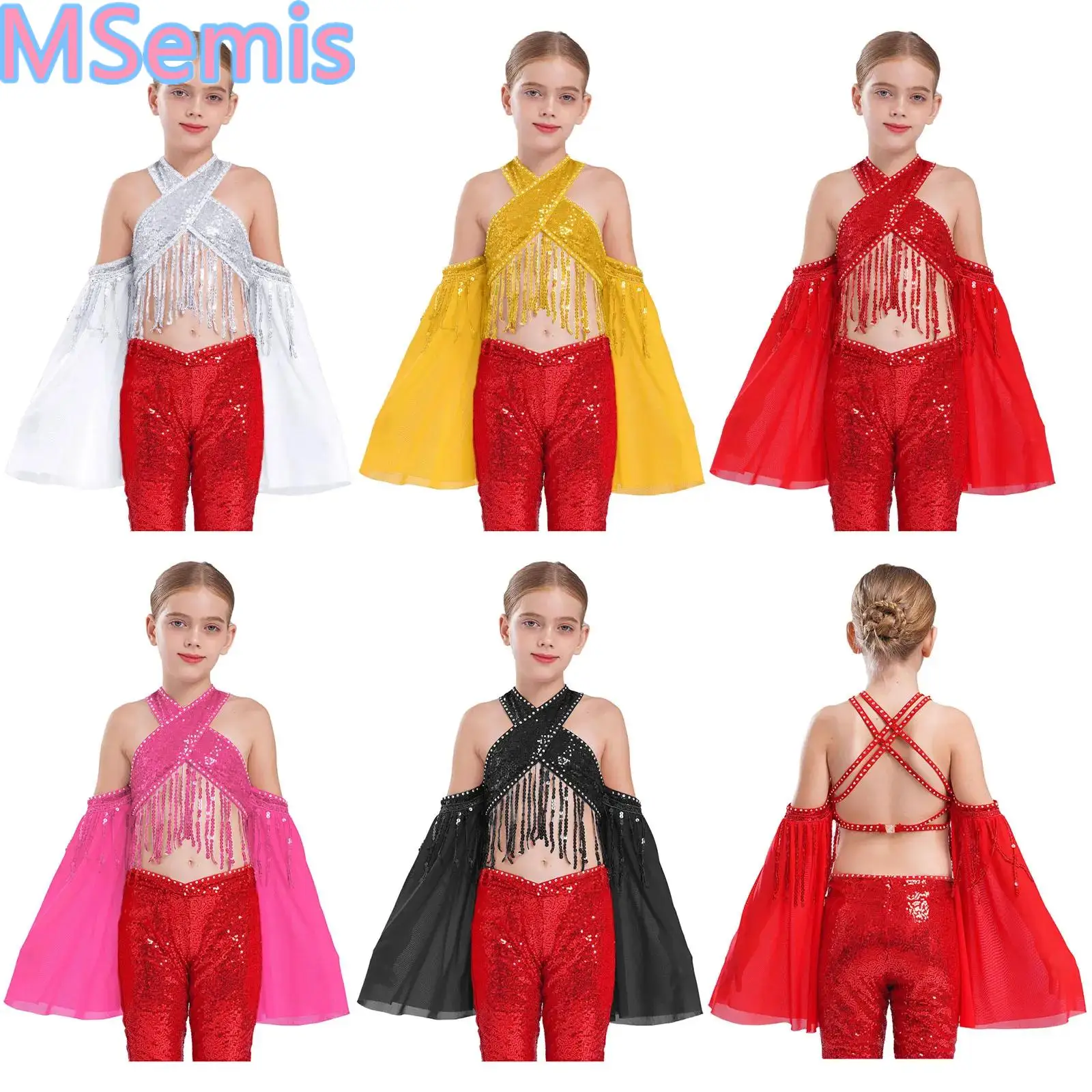 

Kids Girls Sequins Jazz Dance Tops Stage Performance Costume Sheer Mesh Flared Sleeves Sparkling Tassels Cross Crop Top