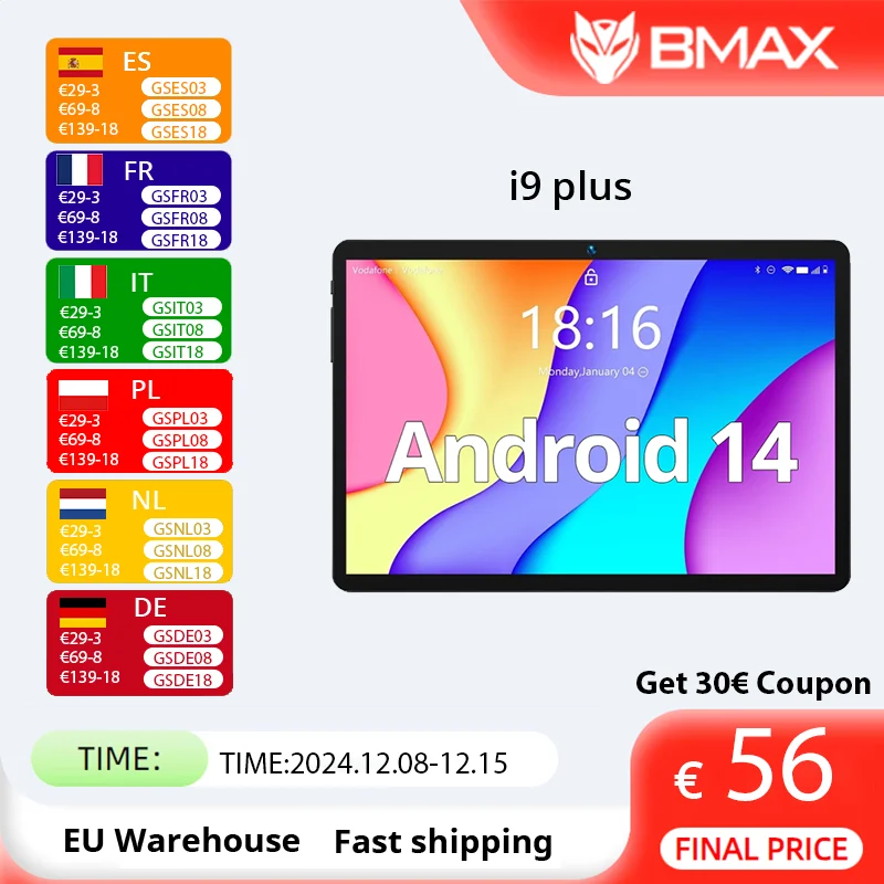 BMAX MaxPad I9 Plus Android 14 GPU G522EE 12 (4+8)GB RAM 64GB ROM 10,1 Inch Rockchip RK3562 Quad Core Type-c Poort Tabletten PC