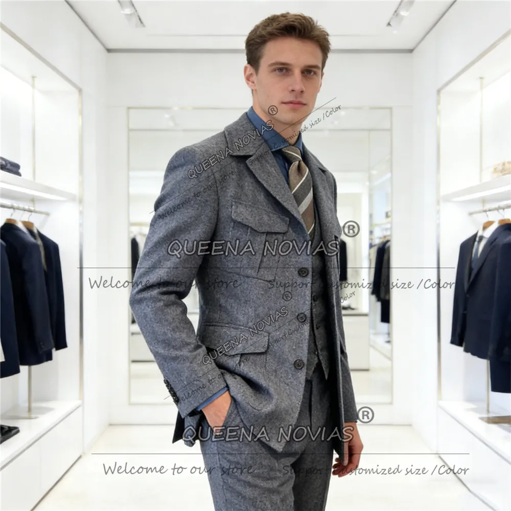 

Classic Herringbone Wool Blend Suits Men Slim Fit Single Breasted Jacket Pants 2 Piece Set Groom Tuxedos Customized Ropa Hombre