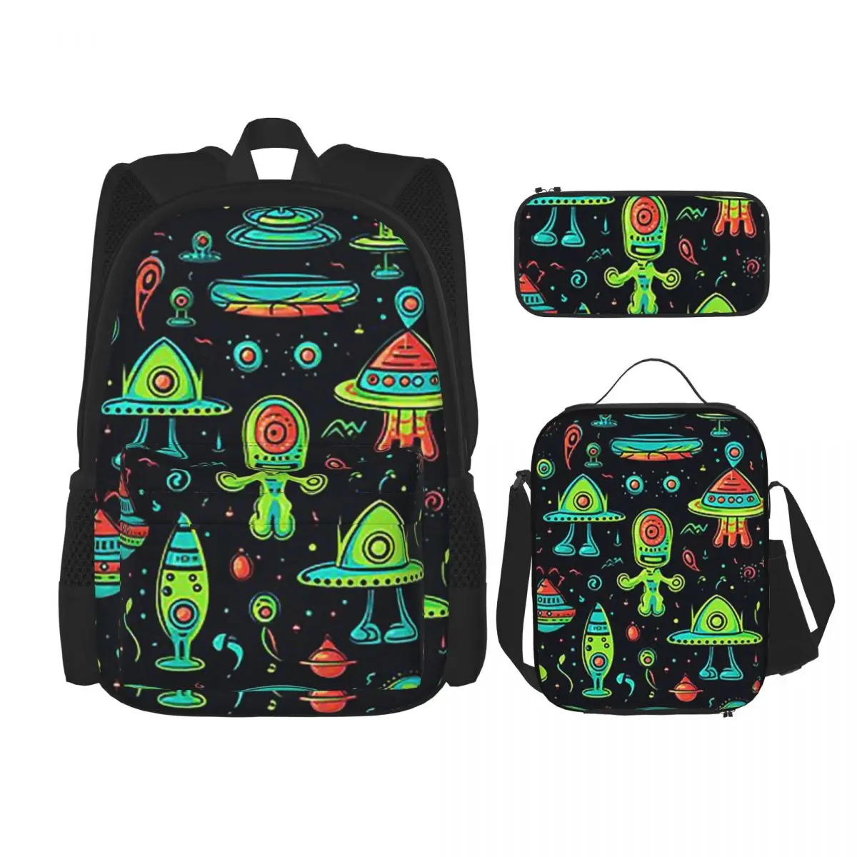 Out Of This World Abstract Aliens And Ufos Backpacks Children Bookbag School Bags Rucksack Lunch Bag Pen Bag Three-Piece Set