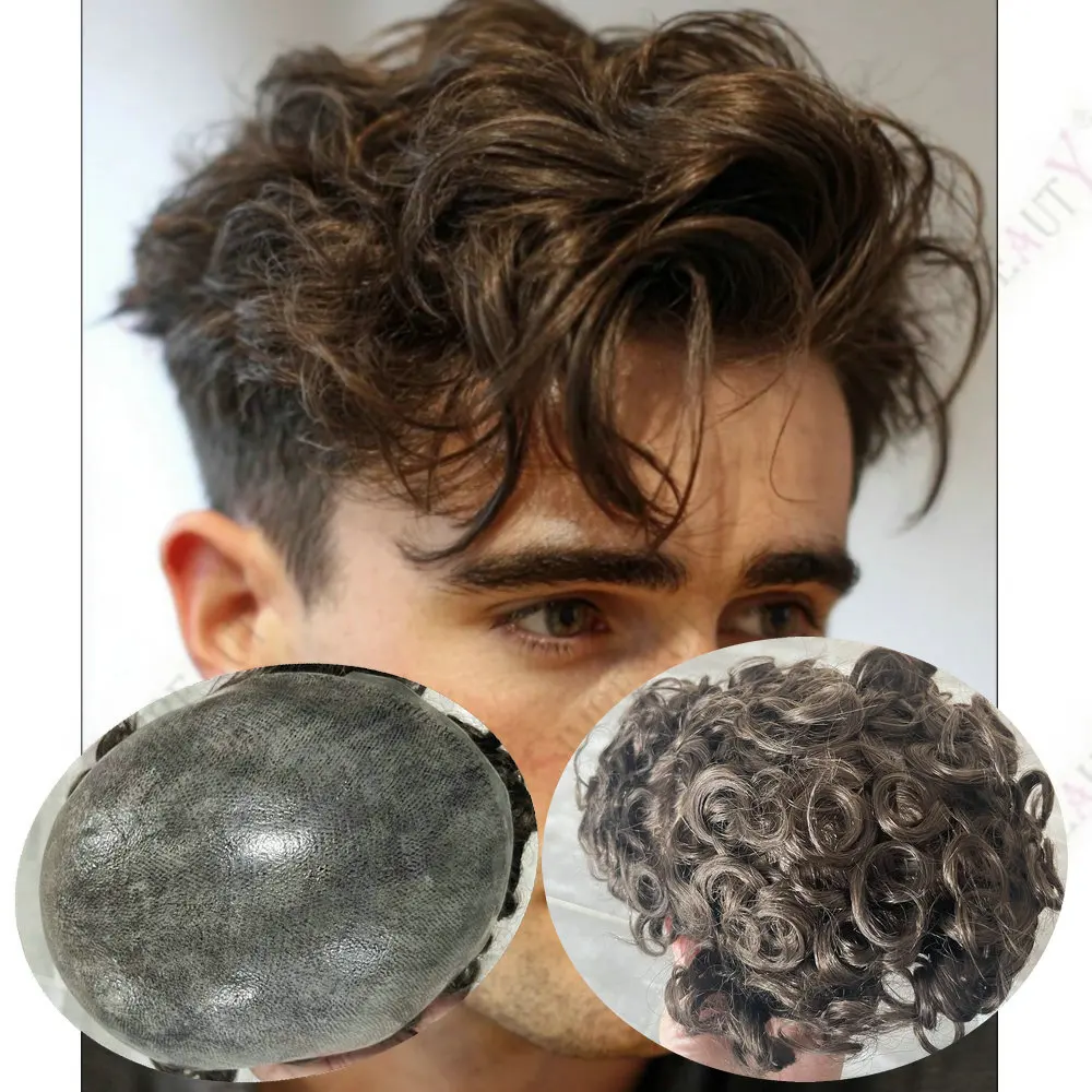Durable Thin Skin PU Base 28mm Natural Curly Human Hair Men Toupee Scalloped Front Hairline Back Gray Brown Capillary Prosthesis