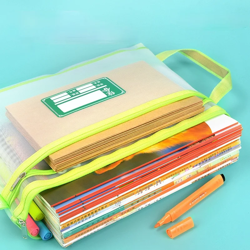 1Pc Nylon Mesh Bestandsmappen Tas voor Studenten Boekentas Rits Briefpapier Pennen Opbergtas School Kantoorbenodigdheden Willekeurige Kleur