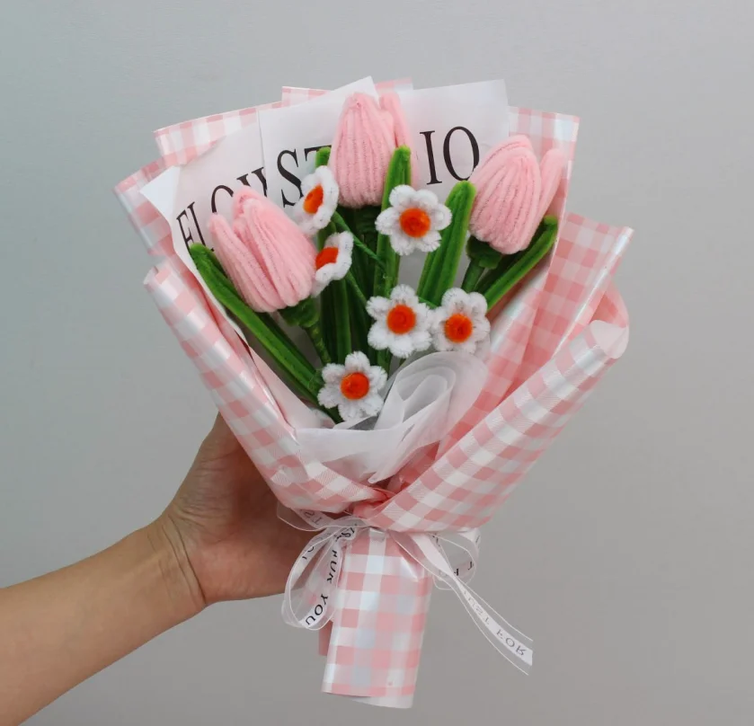 

PIPE Tulip flower Bouquets Handmade Artificial Flower Christmas‘ Day Gifts Pink Fake Flowers Home Decor