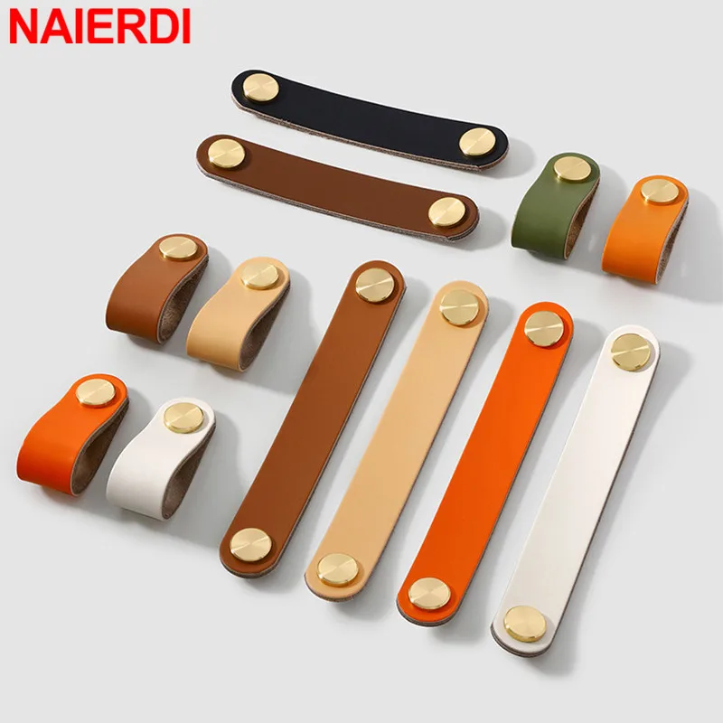 NAIERDI Nordic Cowhide Leather Furniture Handle Brass Cabinet Handles Storage Box Door Pulls Drawer Knobs Door Hardware