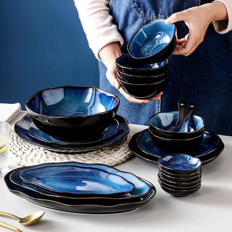 European Retro Kiln Glaze Starry Sky Ceramic Tableware Household Tableware Fruit Salad Dishes Restaurant Main Course Plate