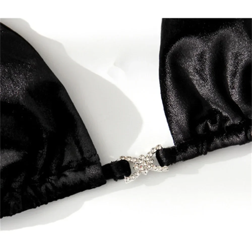Bikini de terciopelo con lazo de diamantes de imitación para mujer, traje de baño negro Y2K con lazo y espalda descubierta, traje de baño de tendencia con Tanga, traje de baño para playa, Bikini