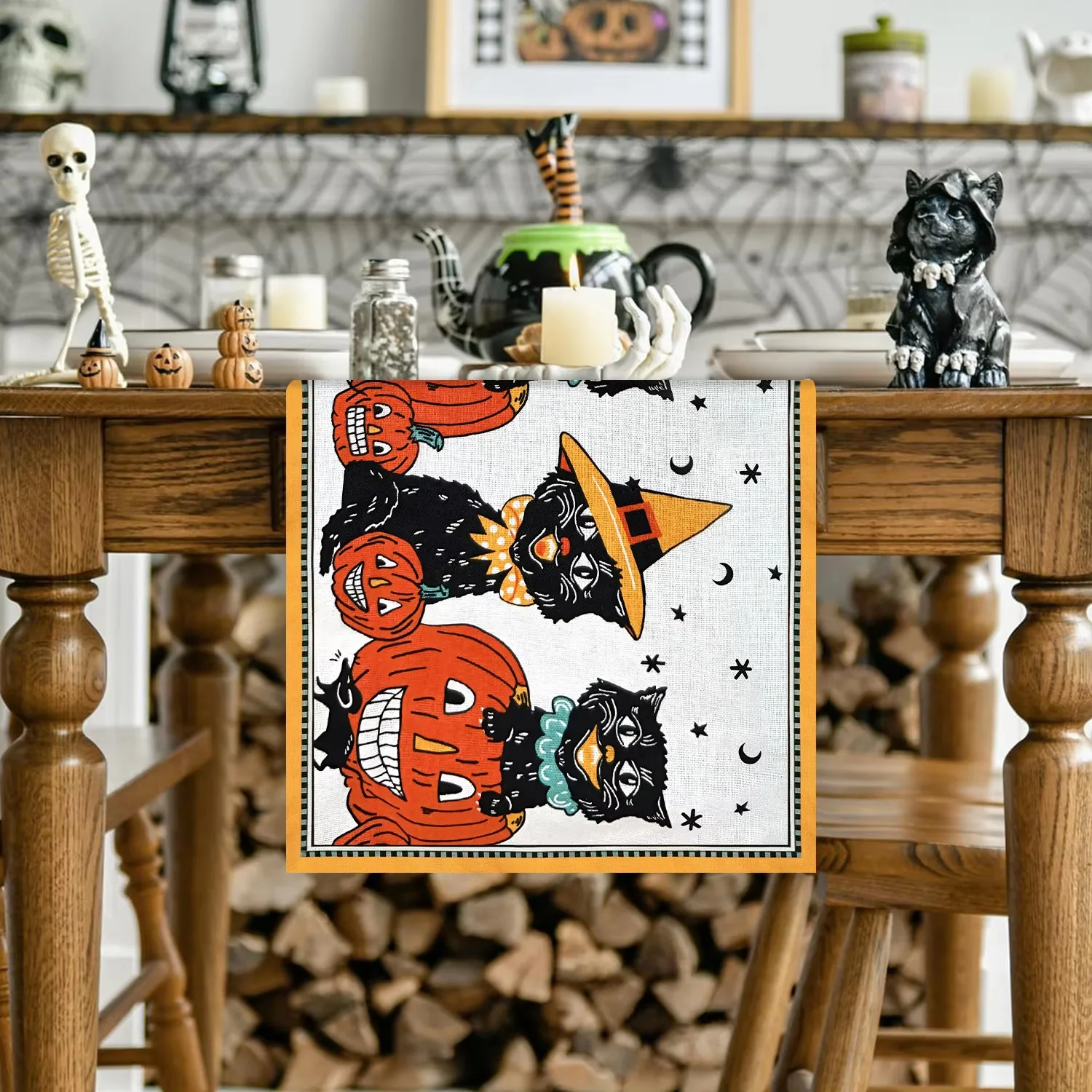 Halloween Table Runner Vintage Style, Pumpkin Black Cat Design for Indoor Outdoor Kitchen Dining Decor