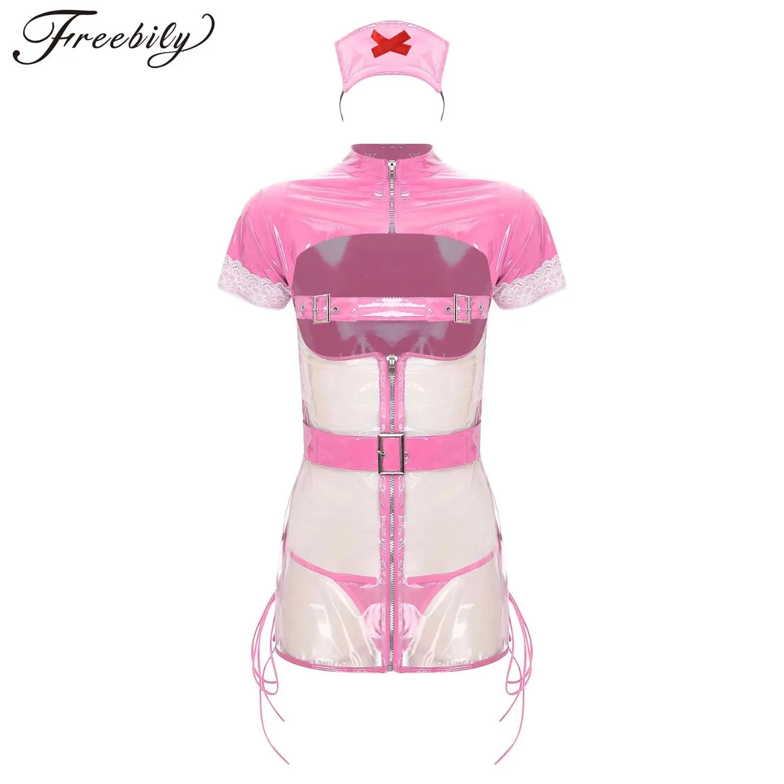 Womens Sexy Nurse Dress Outfit See Through Cutout Glossy Mini Dress with Belt T-Back and Headwear 4-Piece Tempting Lingerie Set