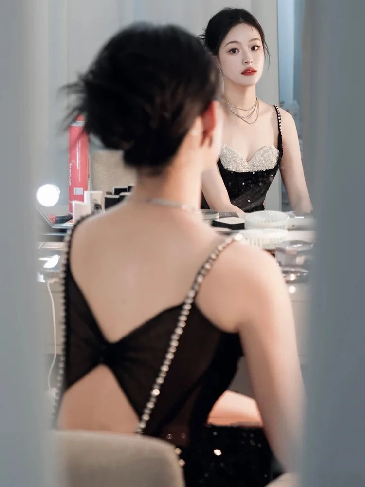 فستان سهرة للعروس بلون النبيذ الأحمر مع أشرطة لامعة وتنورة طويلة على الطراز الكوري لحفلات الزفاف والخطوبة وأزياء النساء