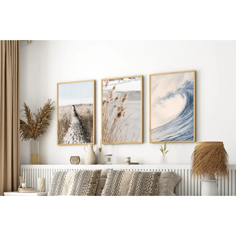 3PCS frameless decorative art print,Boho Neutral Coastal Wall Art Set, Dried Pampas Grass Ocean Wave Beach Canvas Prints, Minima