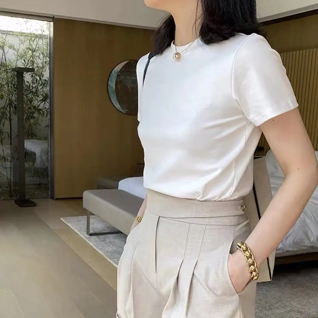 

Women's Solid Color Short Sleeve T-shirt 40 Combed Pure Cotton Korean Style Versatile Jacket for Students Summer Wholesale