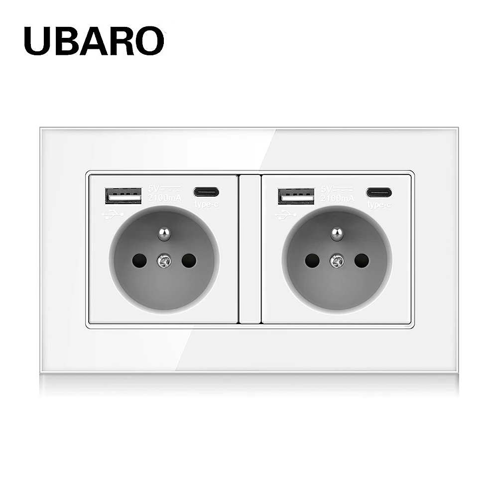 

UBARO Двойная стандартная розетка Франции с электрической вилкой USB типа C, белая панель из закаленного стекла, 146 мм, обустройство дома