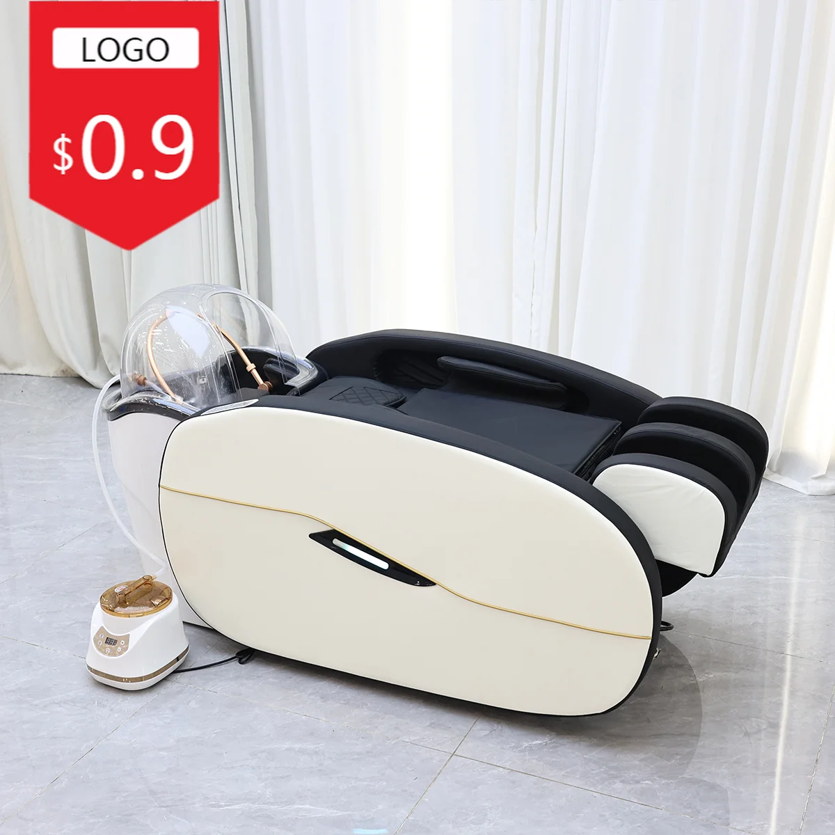 Black & White Shampoo Massage Bed with Transparent Steam Dome & LED Light, Reclining Hair Washing Bed for Beauty Salon Head Spa