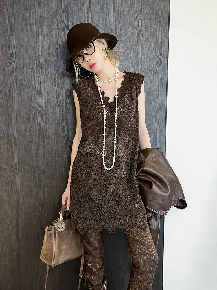 

Ele Long Lace Trim V-Ne Svel Vest Women's Faion Autumn New Sle Hollow out ort Skirt Inner Wear Slim Fit