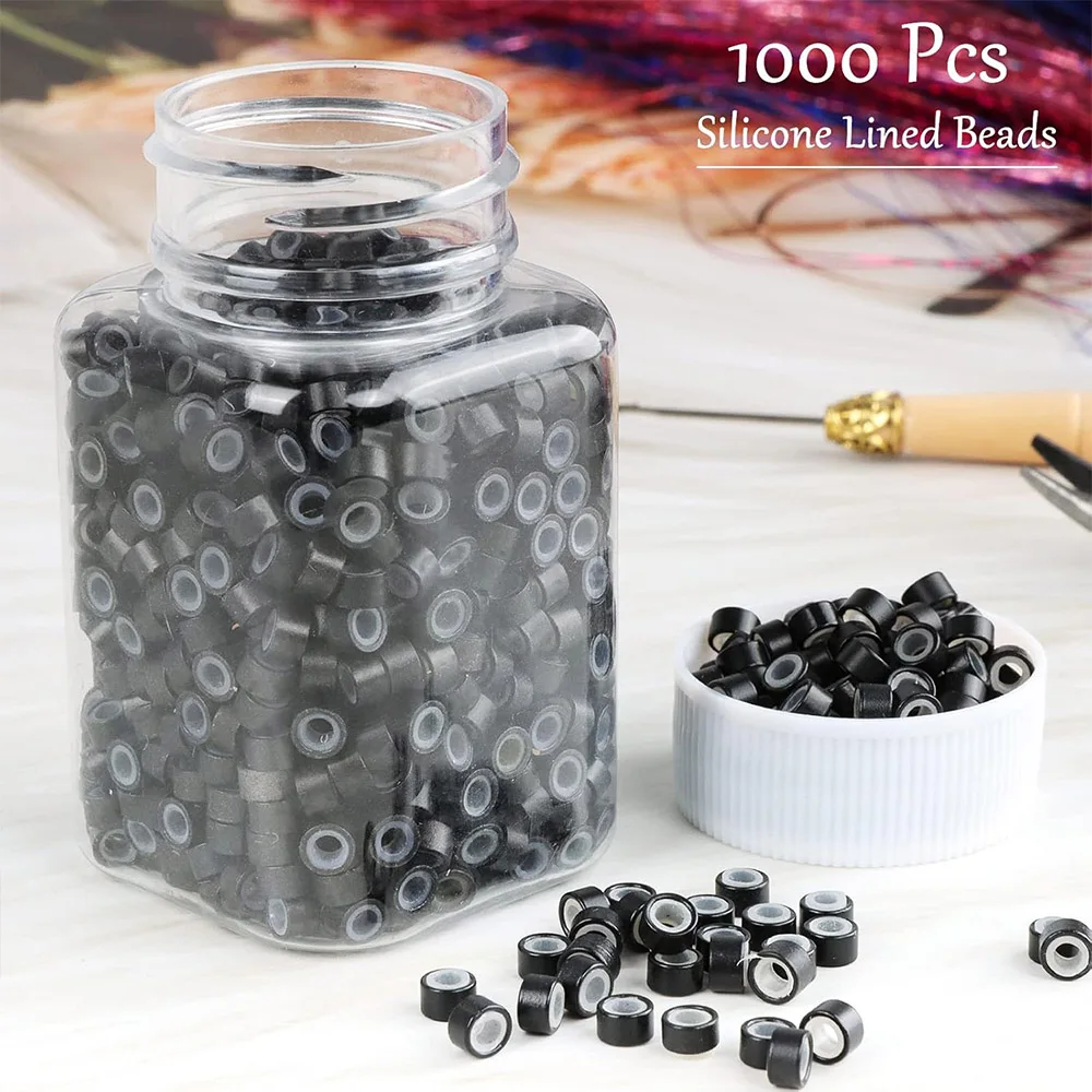 1000pcs Micro link Beads 5mm For Hair Extensions Silicone Lined Rings Hair Extensions Tool - Black Blonde Brown