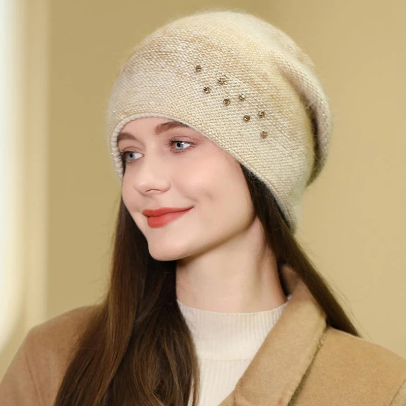 Topi Musim Dingin Wanita Berbahan Bulu Kelinci Gradasi, Topi Beanie Dekoratif Modis, Topi Musim Dingin Hangat Untuk Wanita, Topi Rajut Kasual Streetwear