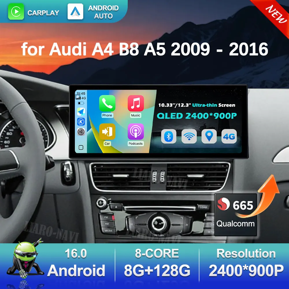 Android 16 Wireless Carplay Car Radio Multimedia Player for Audi A4 B8 A5 2009 - 2016 GPS Navi Ultra-thin Screen DSP Stereo WiFi