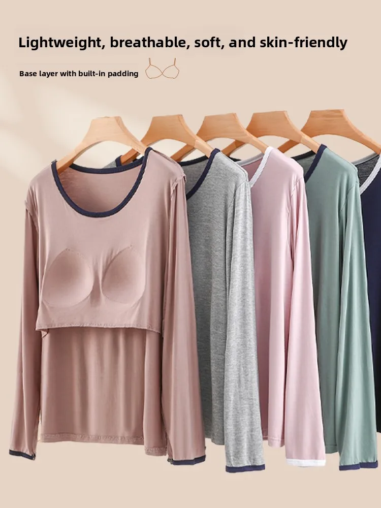 Loose Modal Long Sleeve T-Shirt Women's Spring Summer Home Top round Neck Base Shirt No Bra Needed Large Size Chest Pad