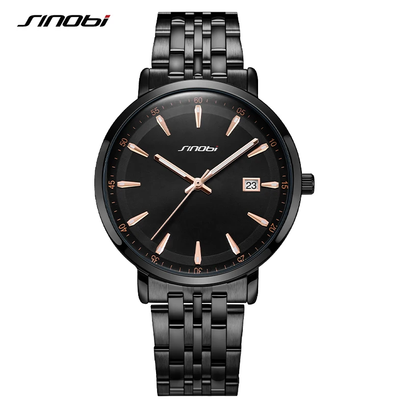 SINOBI Brand Business Men\'s Quartz Watches 38mm Dial Plate Stainless Steel Strap Calendar Date High Quality Men Wristwatch