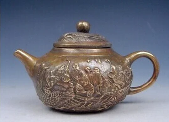 ---323+++ Vintage Brass Crafted Unique Teapot Immortals Riding Phoenix 2 Cranes On Cover