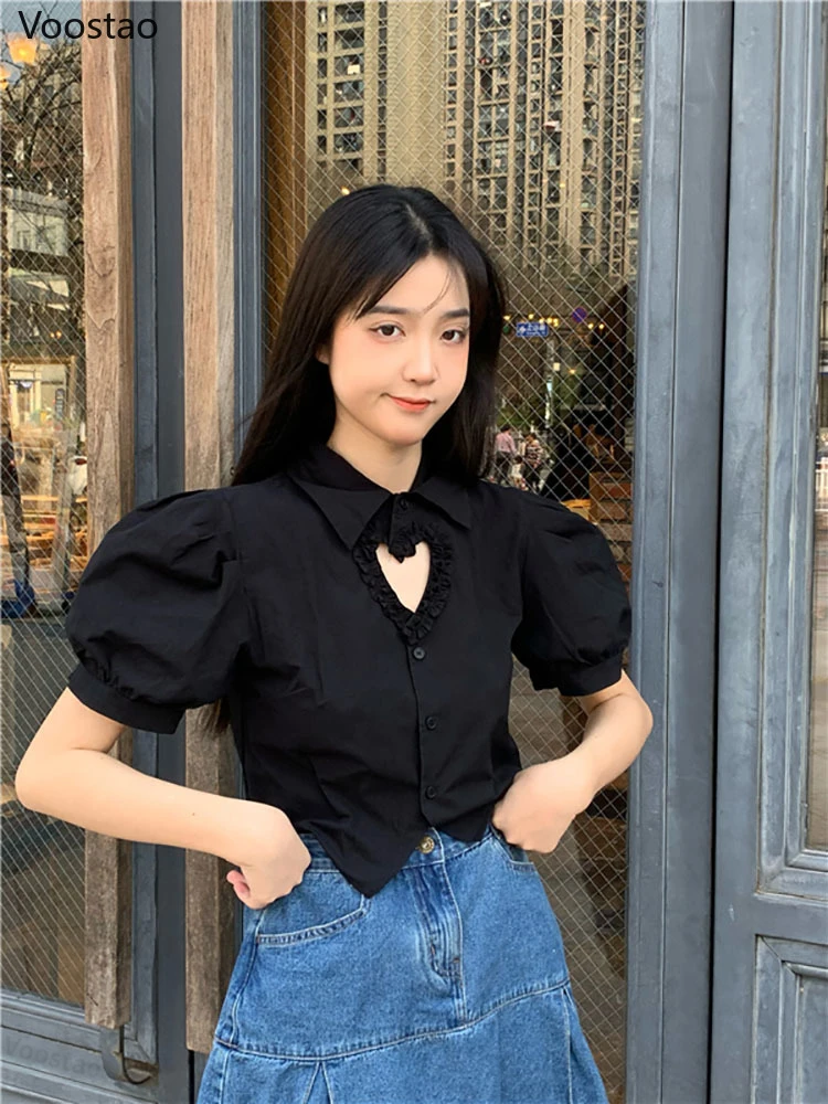 Sweet Lolita Style Blouses White Hollow Out Ruffles Heart Crop Tops Women Kawaii Puff Sleeve Korean Casual Shirts Y2k Clothes