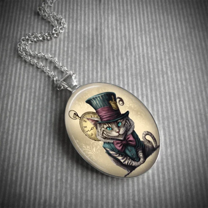 Bohemia Style Steam Punk Cheshire Cat Art Photo Glass Pendant Necklace