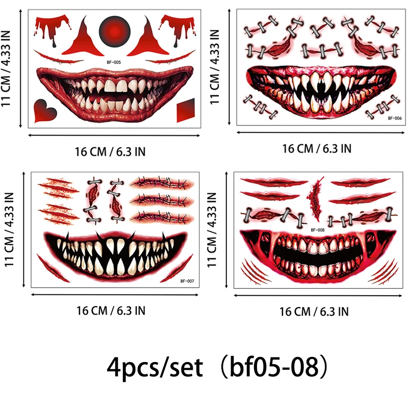 สติกเกอร์รอยสักลายปากใหญ่ฮาโลวีนสำหรับงานปาร์ตี้วันแห่งความตาย รอยสักชั่วคราวสำหรับผู้หญิงผู้ชาย บาร์กลางคืน รอยสักปลอม