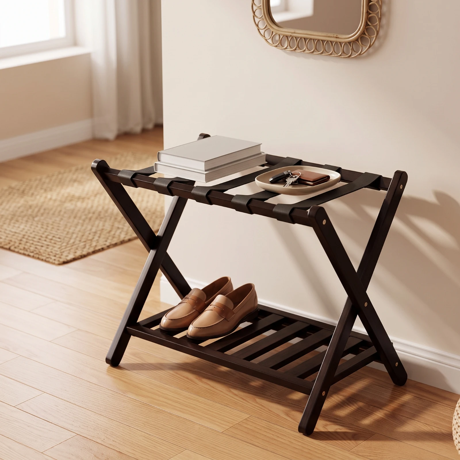 Bamboo Luggage Rack with Shelf Foldable Luggage Rack with Shoe Shelf Folding Suitcase Stand Double-Tier Space-Saving for Guests