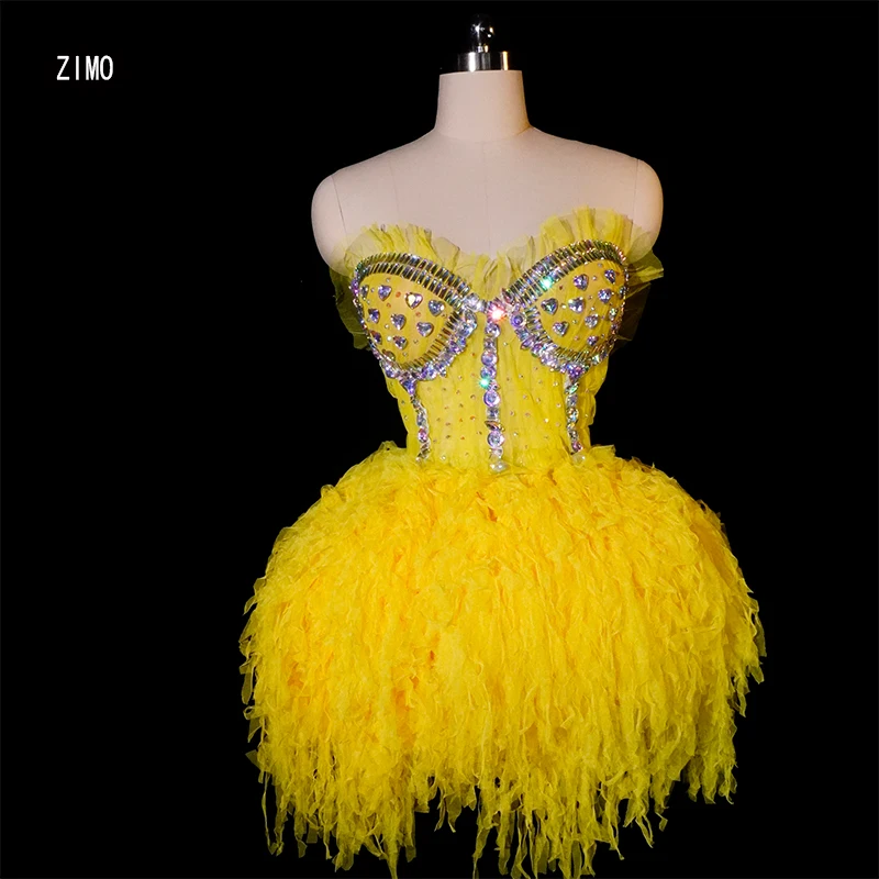 

Cute yellow Stretch Rhinestone lace dress short top and skirt suits mini DS birthday festival outfits nightclub Celebrate gown