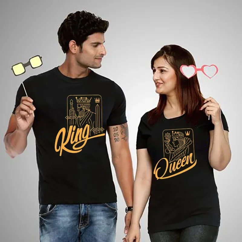 King Queen Printing Lover Couples Tee Shirt Harajuku Women's T-shirt Crown Printing Couple Clothes Summer Women Man Tops