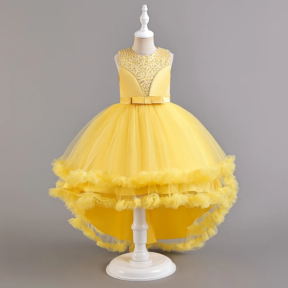 Yellow Sleeveless Children\'s Performance Dress Bow Tail Dress Princess Dress For 3Y to 12Y Birthday Party Wear