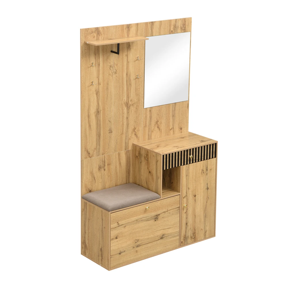 PINGGO Kompaktes Garderoben-Set mit Spiegel und Kissen, Flur-Wandregal, Garderobenpaneele, Schuhschrank für Flur-Aufbewahrung – Detail 13