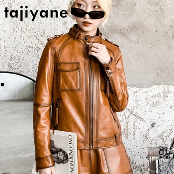 トップ本革ジャケット女性春秋の新カジュアル女性の衣装エレガントなシープスキンオートバイジャケットレトロ女性布