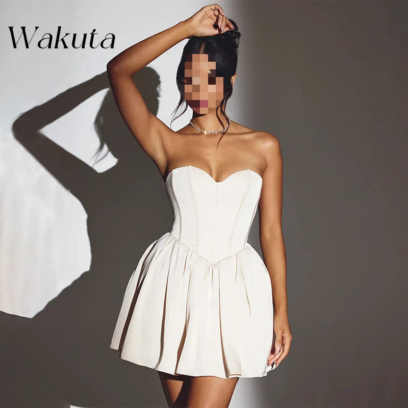 Wakuta-francês Retro Strapless Off Shoulder Satin Vestidos, Sexy Backless Correias, A linha de Volta ao Vestido Escola