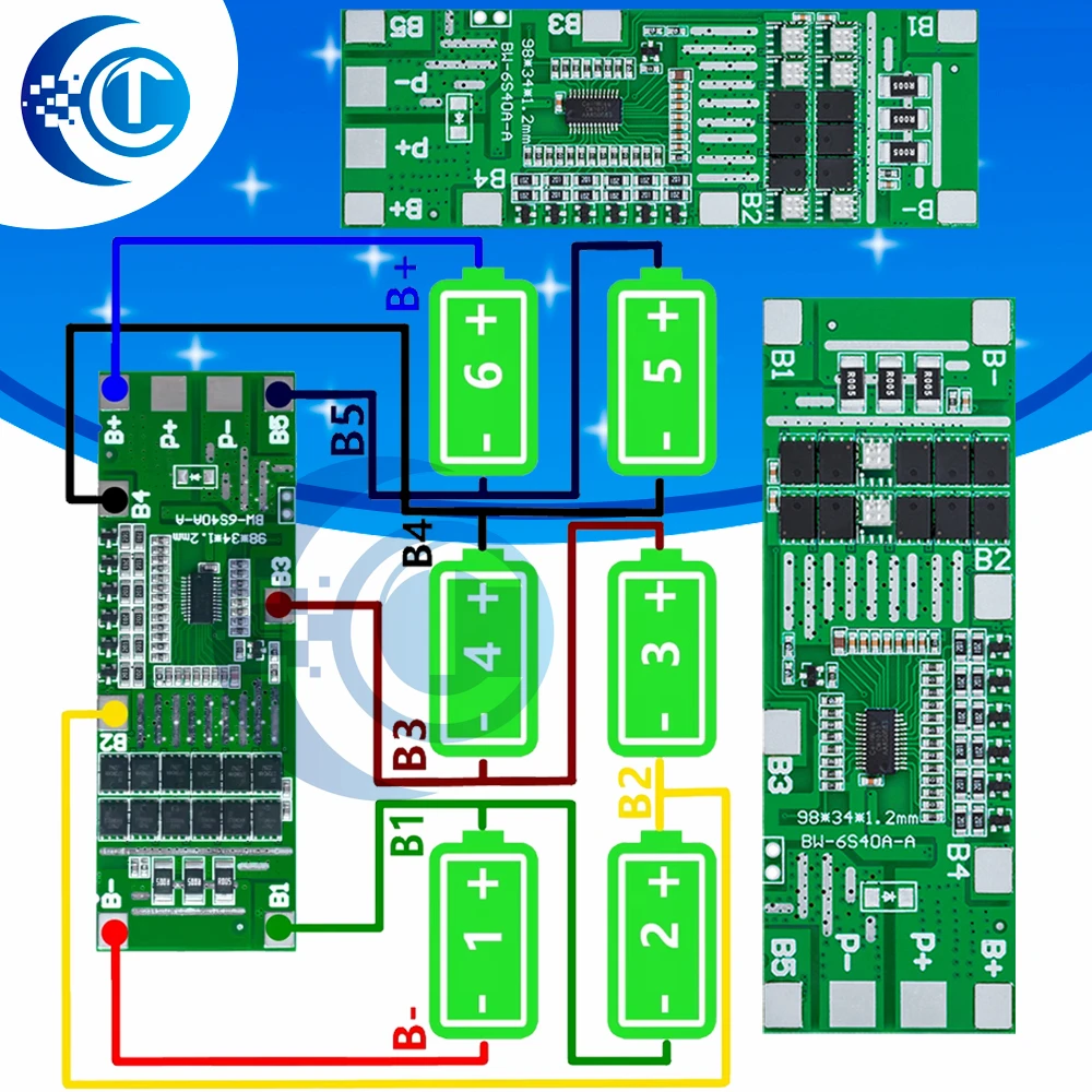 24V 6S 40A 18650 Li-Ion Lithium Battery Poretect Board Solar Lighting BMS PCB with Balance for Ebike Scooter