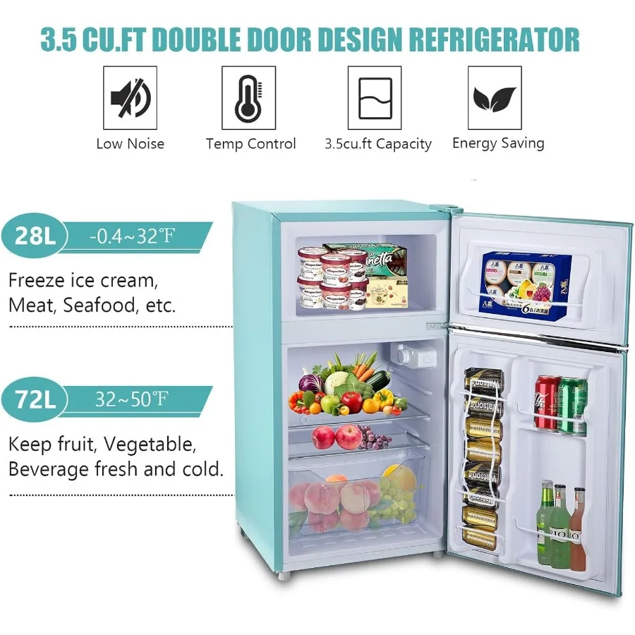 Compact Refrigerator 3.5 Cu.Ft Retro Mini Fridge with Freezer Dual Door Small Refrigerator with 7 TEMP Modes LED Lights Removab