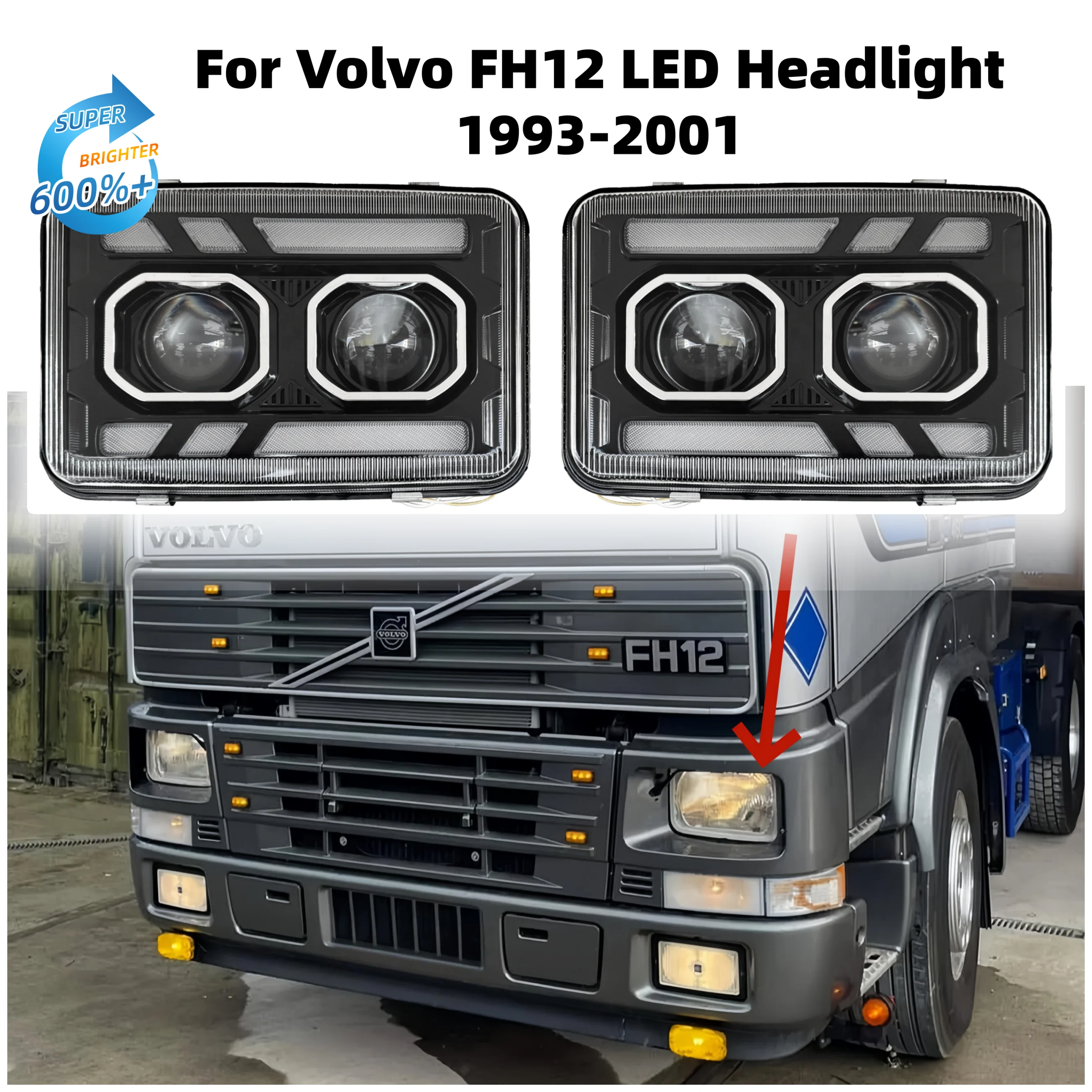 1pcs 24V Projector LED Headlight Compatible with Volvo FH12 FM10 FM12 FH16 Truck | DRL+Turn Signal Integrated | E-mark Certified