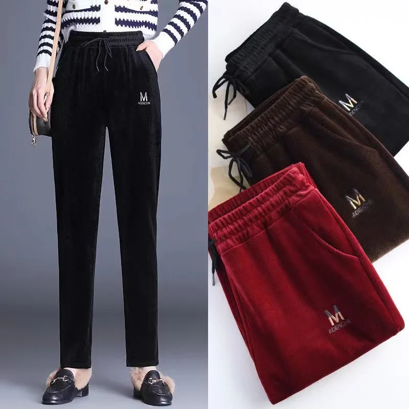 2023 Spring And Autumn New Style Middle-Aged And Elderly Women's Thick Mom Jeans Corduroy 5DCasual Pants Striped Fine Fabric Wom