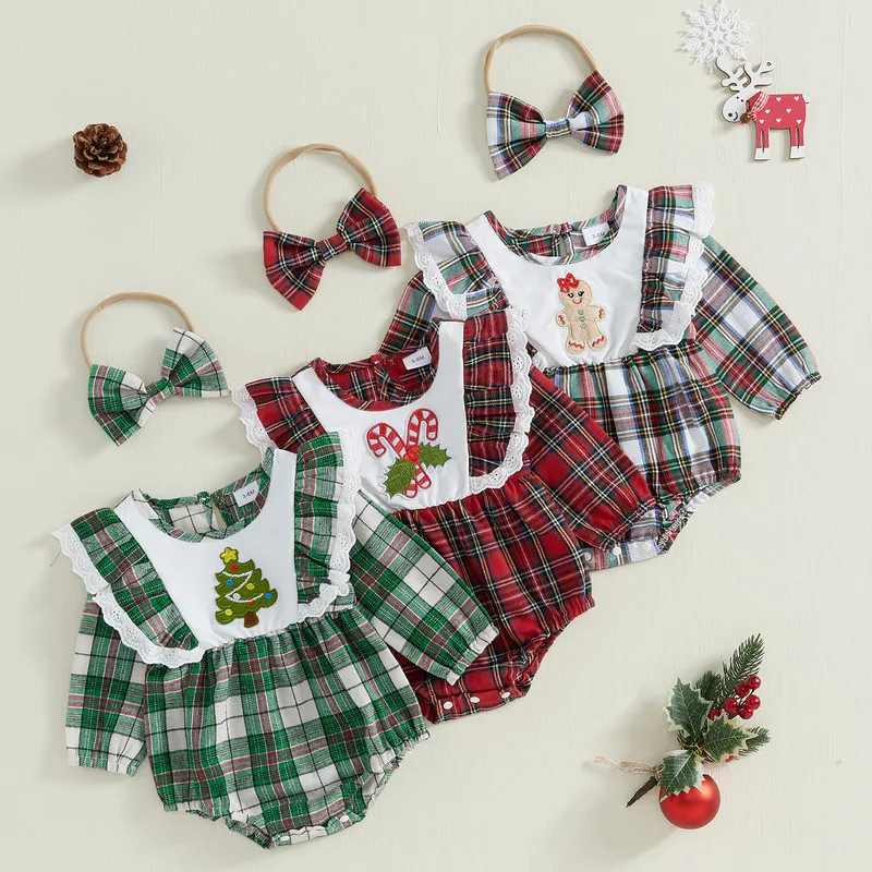 RUEWEY 0 to 18 Months Christmas Baby Girls Bodysuit Long Sleeve O Neck Lace Trim Plaid Jumpsuit with Headband Baby Clothing