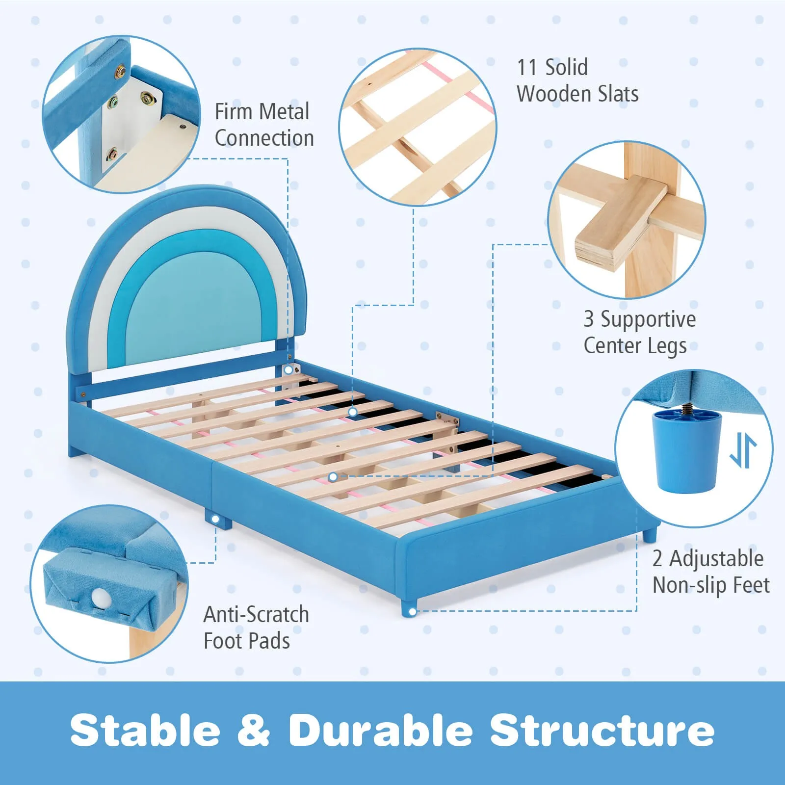 Cama infantil de plataforma dupla estofada com suporte de ripas de madeira