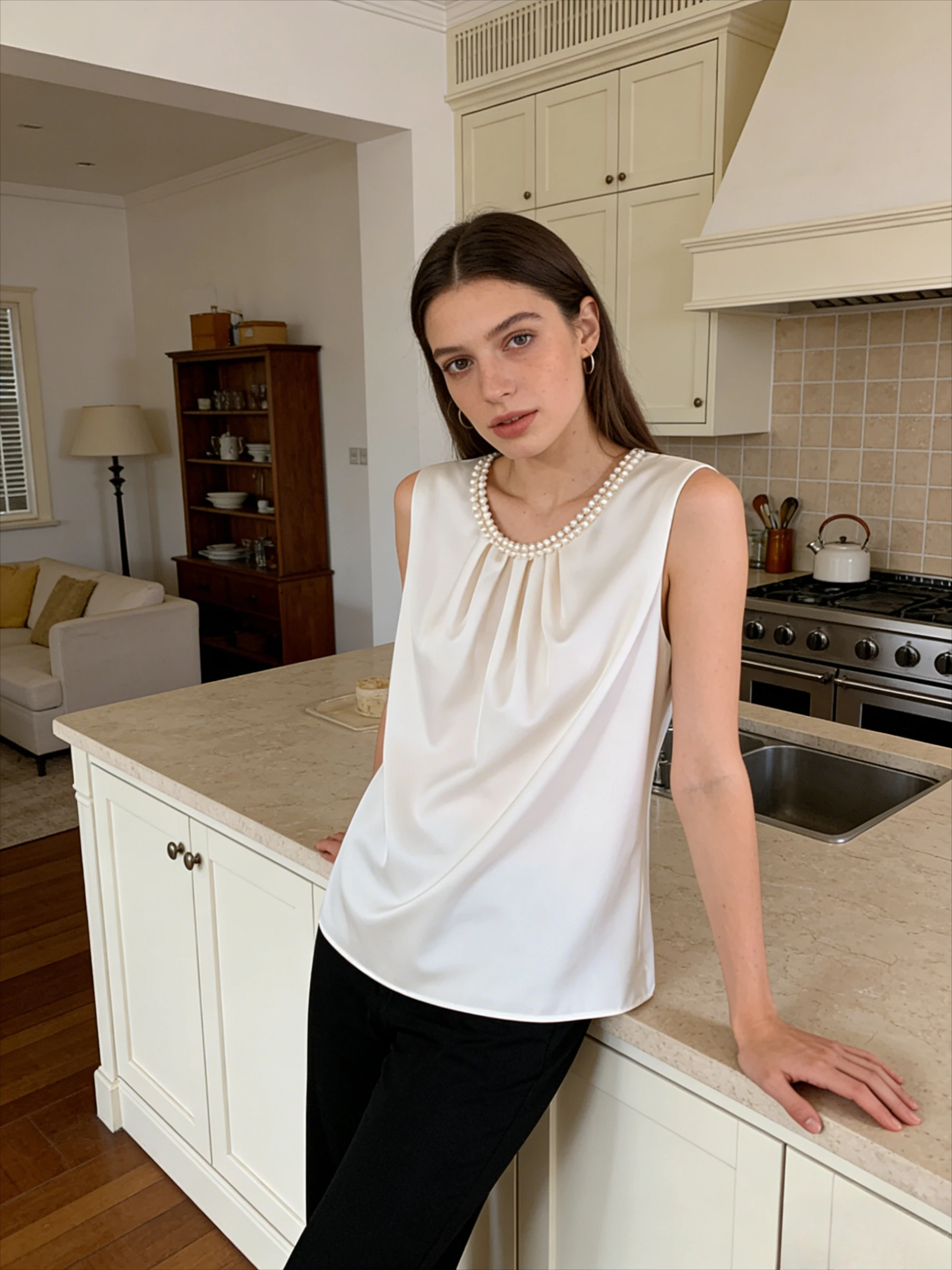 

Fashionable French Elegant Pearl Chain Solid Color Sleeveless Women Blouse, Suitable for Spring and Summer Ladies Tops