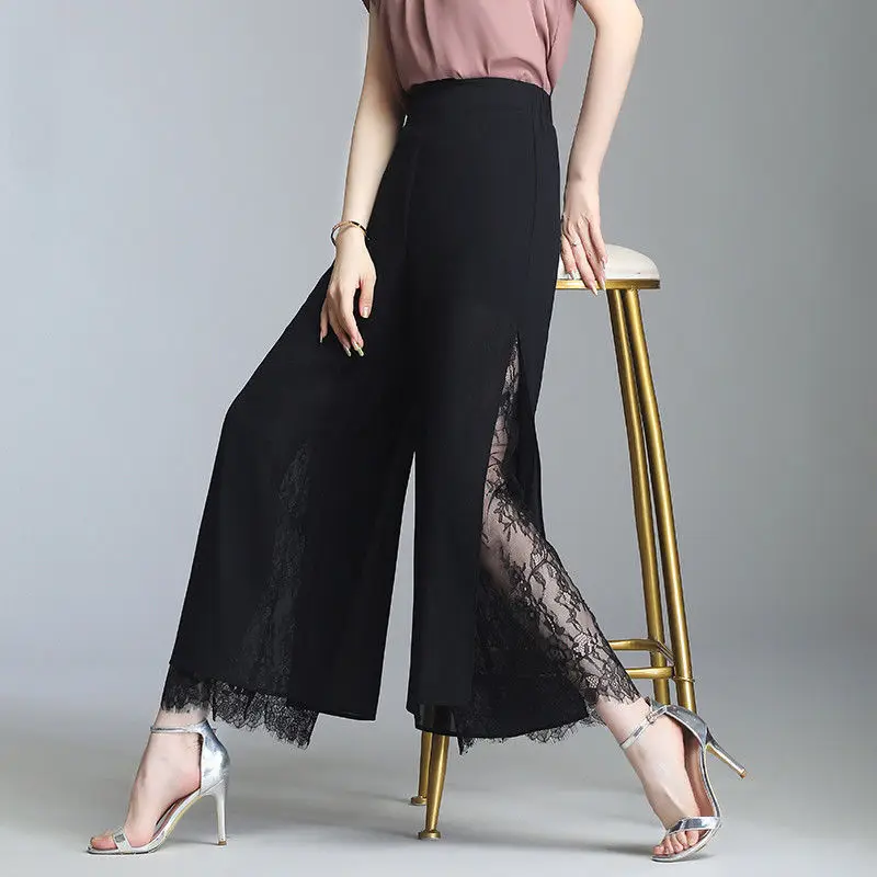 Women Split Lace Patchwork Elegant Straight Wide Leg Cropped Trousers Female Summer Black Loose High Waist Thin Pants Pantalones