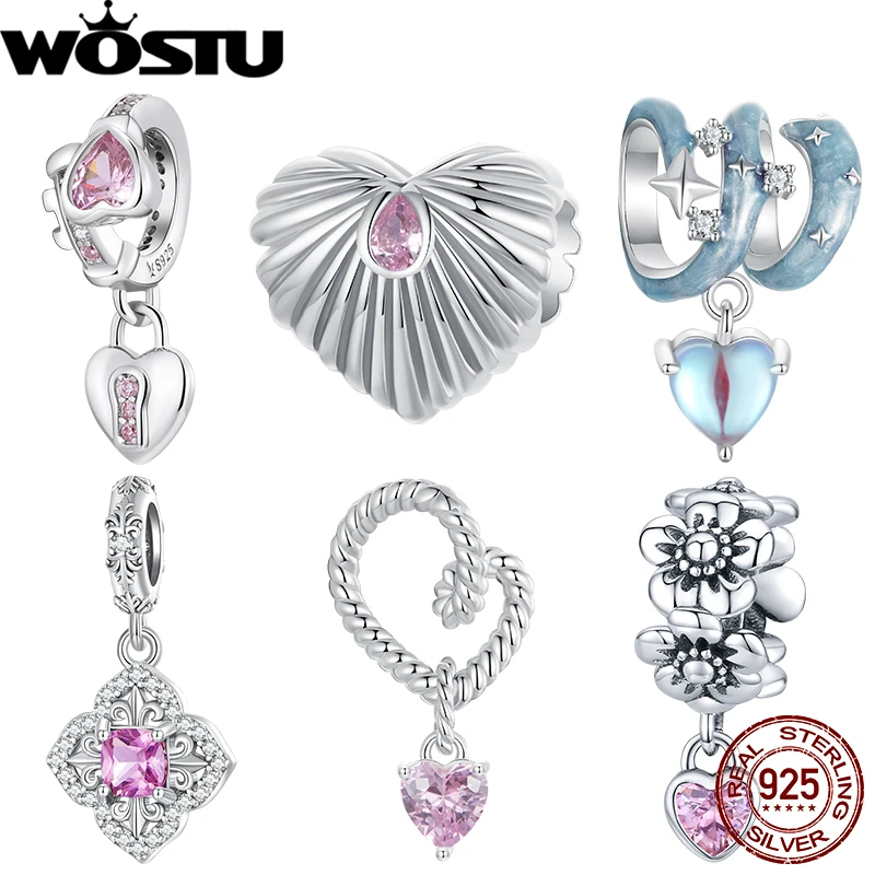 

WOSTU 925 Sterling Silver Pink Zircon Love Charm Twisted Heart Starry Night Drop Beads Fit Original Bracelet DIY Jewelry Making