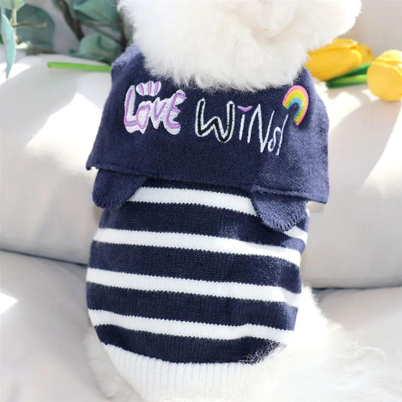 

Puppy Lapel Sweater Winter Teddy Clothes than Bears Striped Knit Shirt Bomei Warm Two Legged Clothes Beautiful Dog Clothes