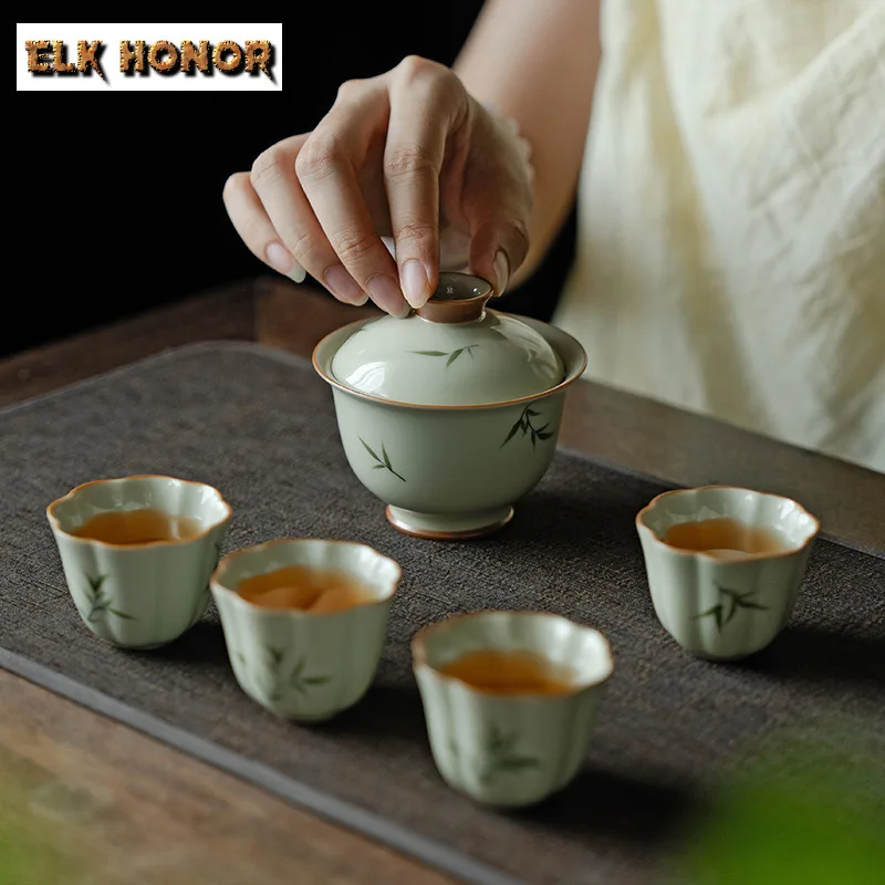 Hand Drawn Bamboo Covered Bowl Tea Set Complete Set Japanese Tea Ceremony Set Household Gaiwan And Tea Cup Set Craft Gift Box