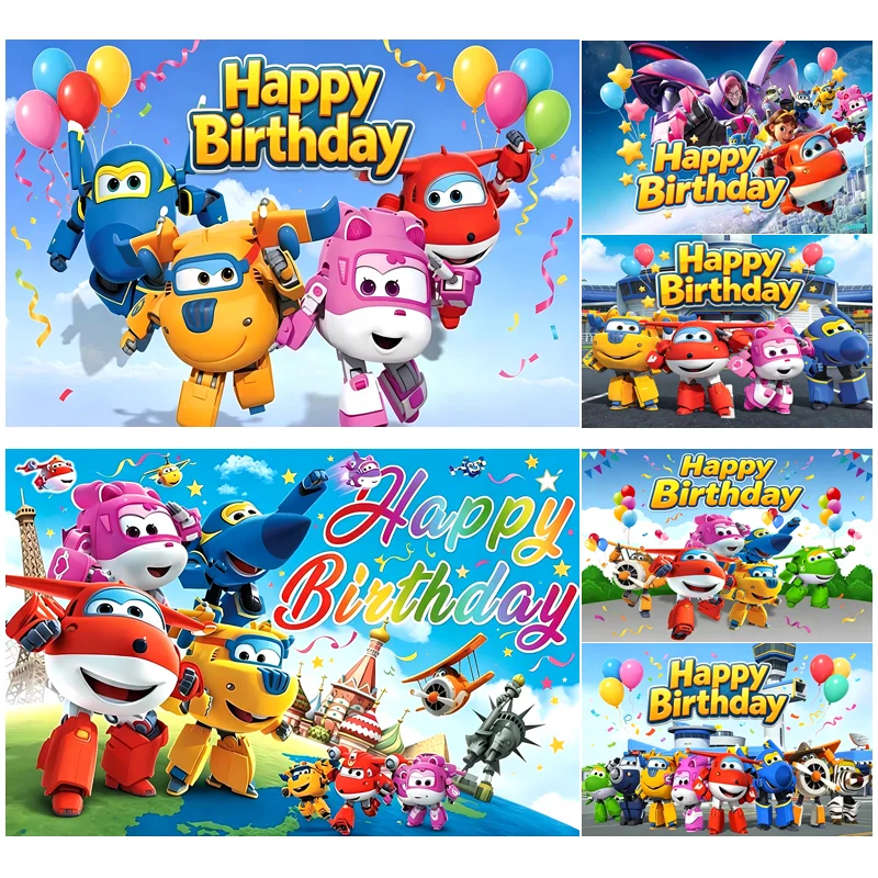 S-Super W-Wings Cartoon Kids Birthday Backdrop Cute Airplane Robot Themed Birthday Party Decorations Happy Birthday Photo Banner