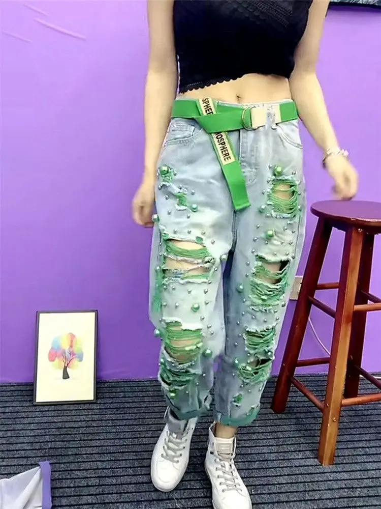 summer-women's-faion-beaded-holes-loose-jeans-high-waist-ladies-casual-comfortable-denim-pants-for-warm-weather