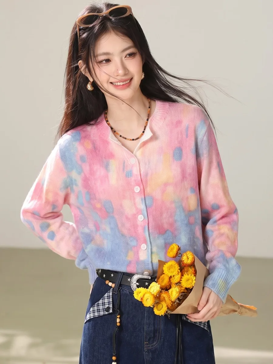 Soft Knitted Tie Dye round Neck Open Cardigan Women's Autumn Gentle Gradient Loose Long Sleeve Thin Soft Sweater Jacket