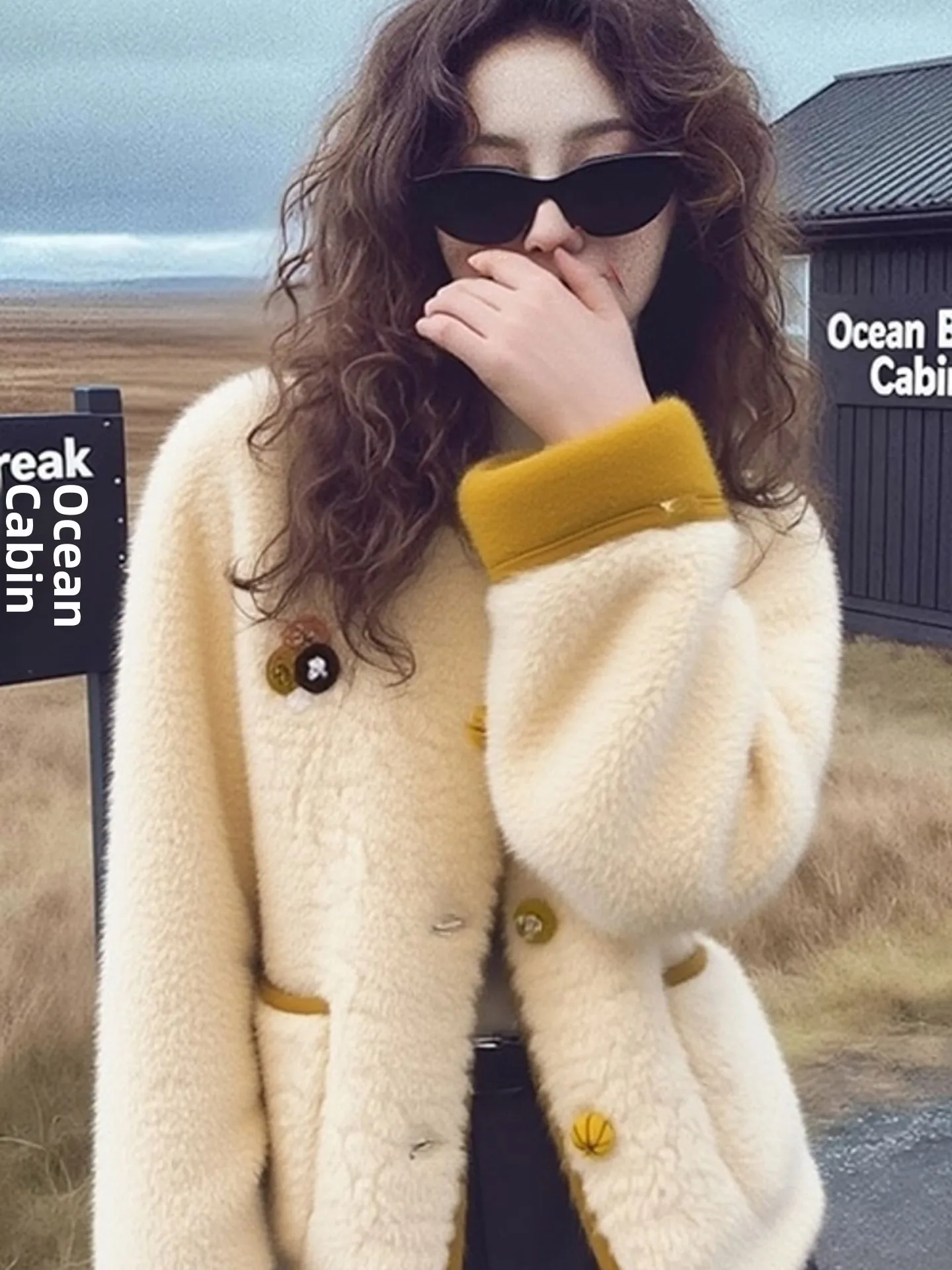 

Elegant Winter Short Lamb Fur Jacket Women's Fashionable Khaki Color ShangFeng Style Long Sleeve Luxury Polyester Fiber Coat